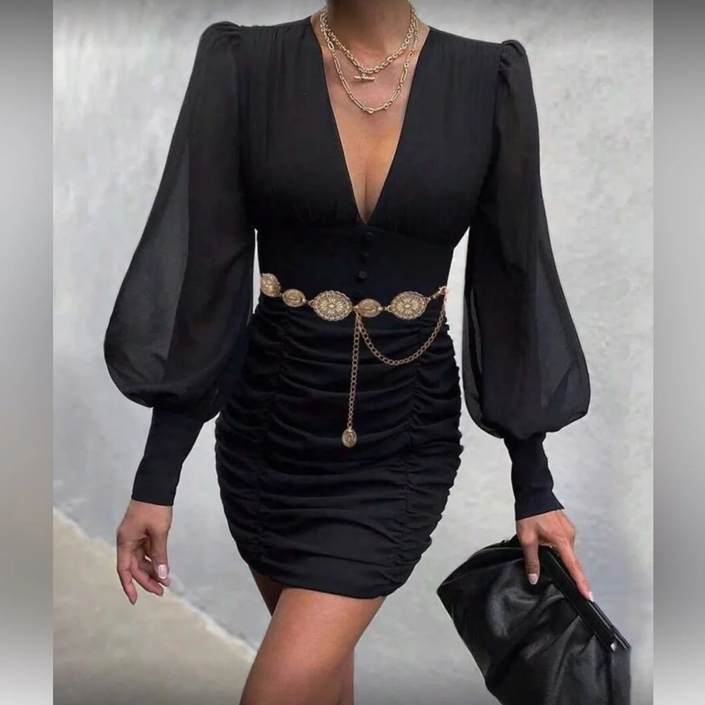 Chic Black Strapless Dress with Gold ChainWaist Belt